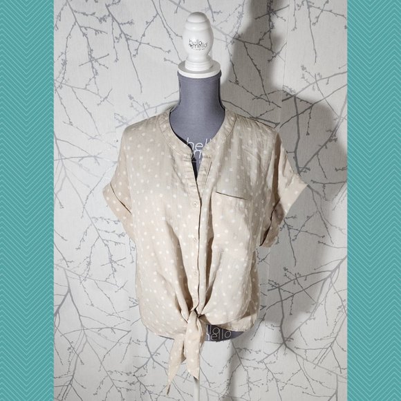 Tahari Beige Polkadot Printed Tie Front Blouse - Picture 1 of 5